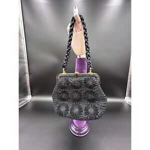 Woven Raffia Frame Small Bag. Black. Made In Italy